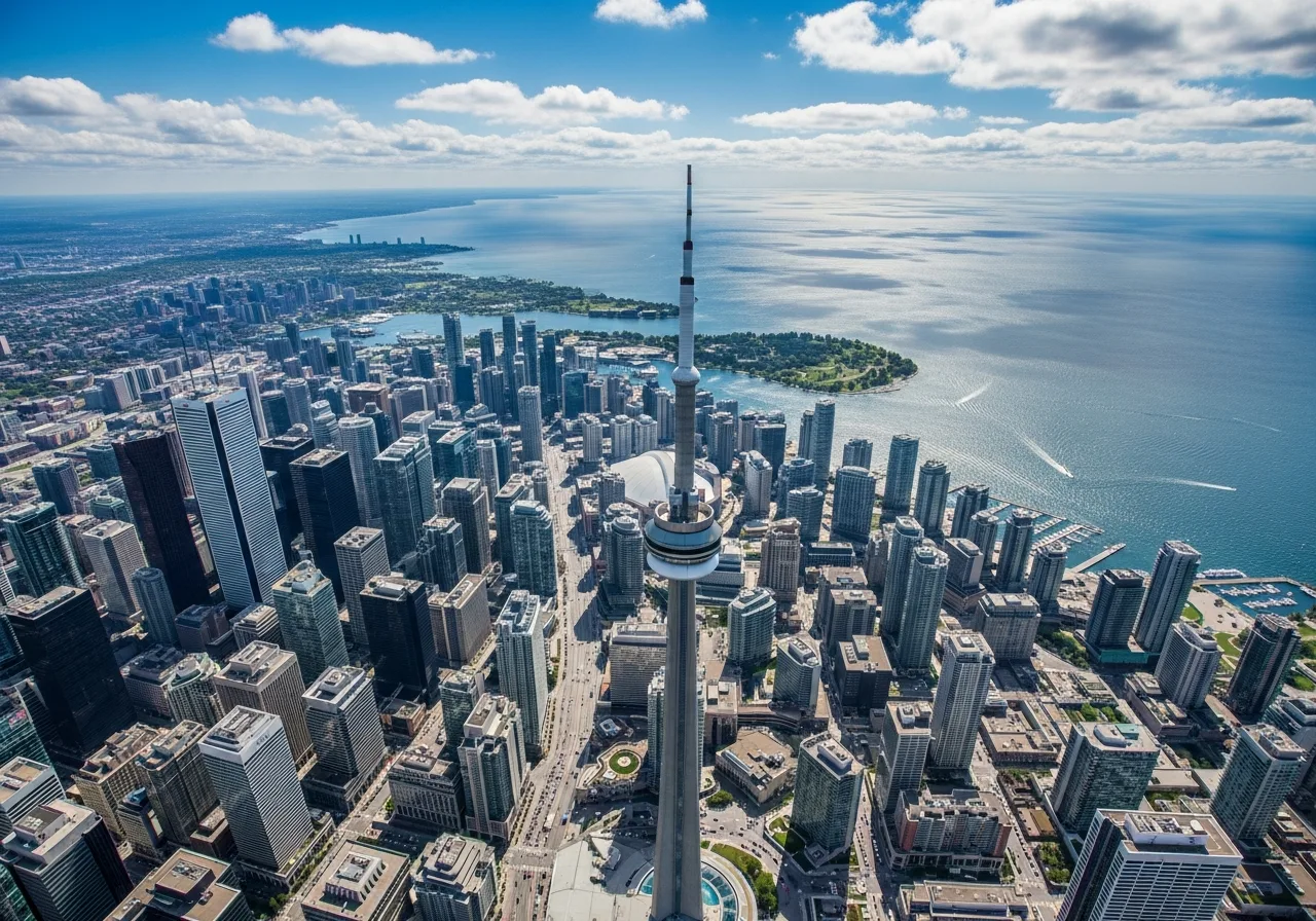 Aerial CN Tower and downtown Toronto