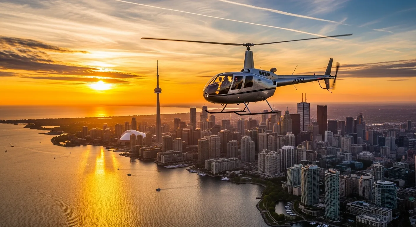 Helicopter over Toronto at sunset